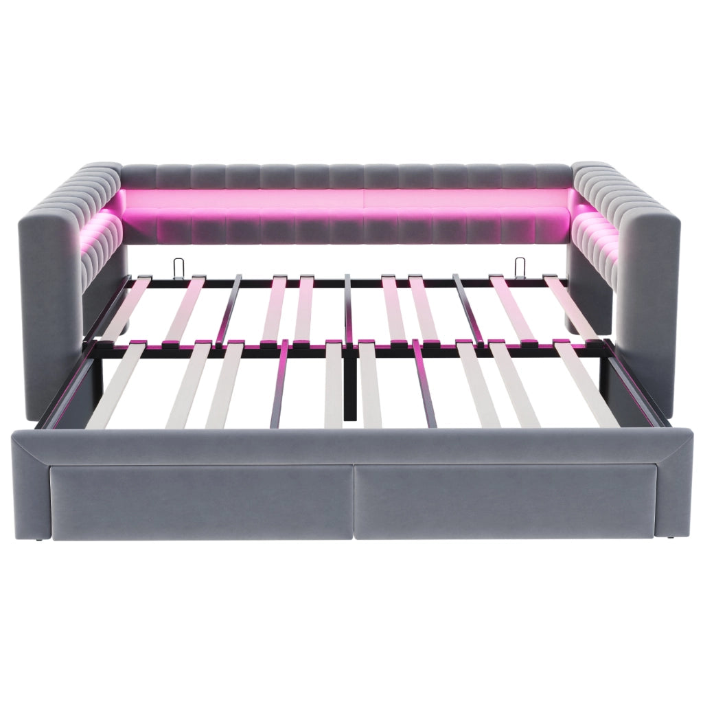 Divano letto imbottito estraibile 90x190/180x190 cm con 2 cassetti; vani contenitore; LED; velluto grigio