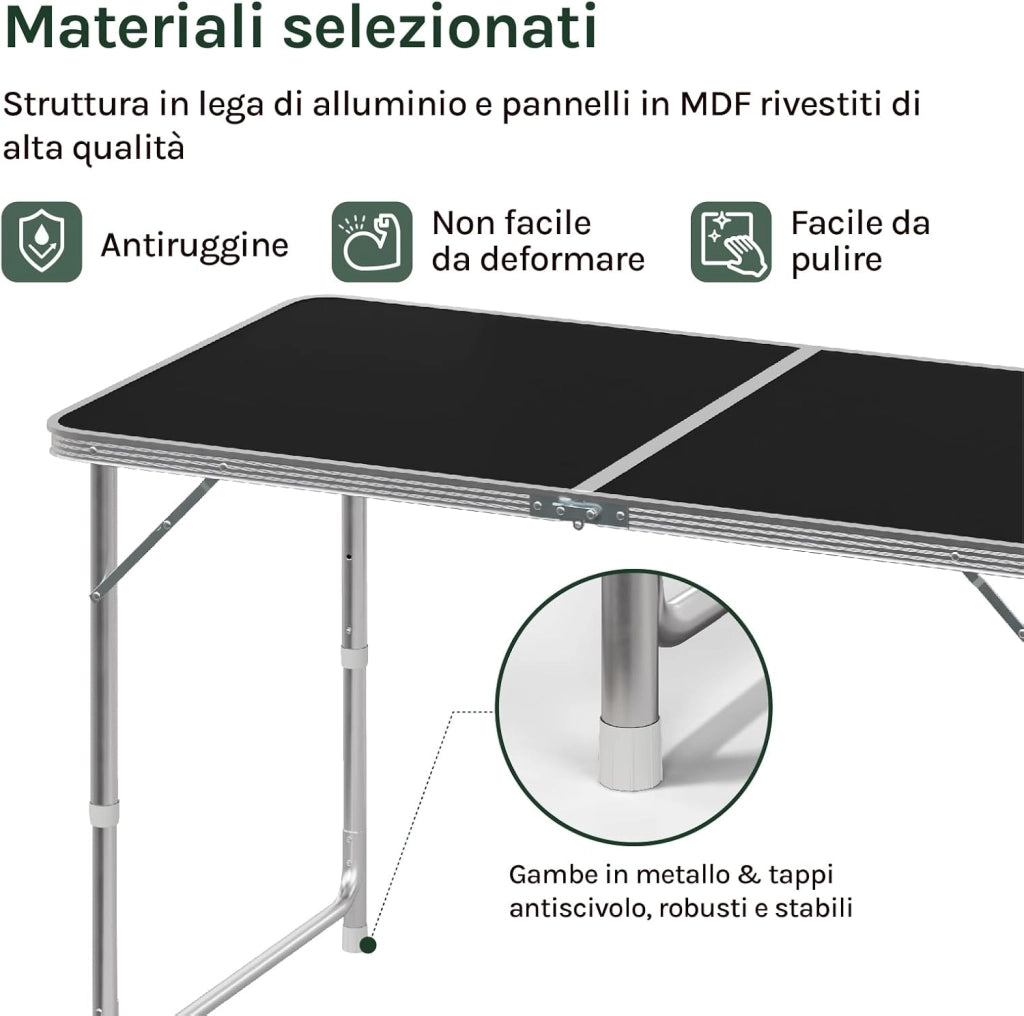 Tavolo da Campeggio Pieghevole Portatile con Maniglia per Picnic Giardino Altezza Regolabile in Alluminio MDF 120x60x55/70cm