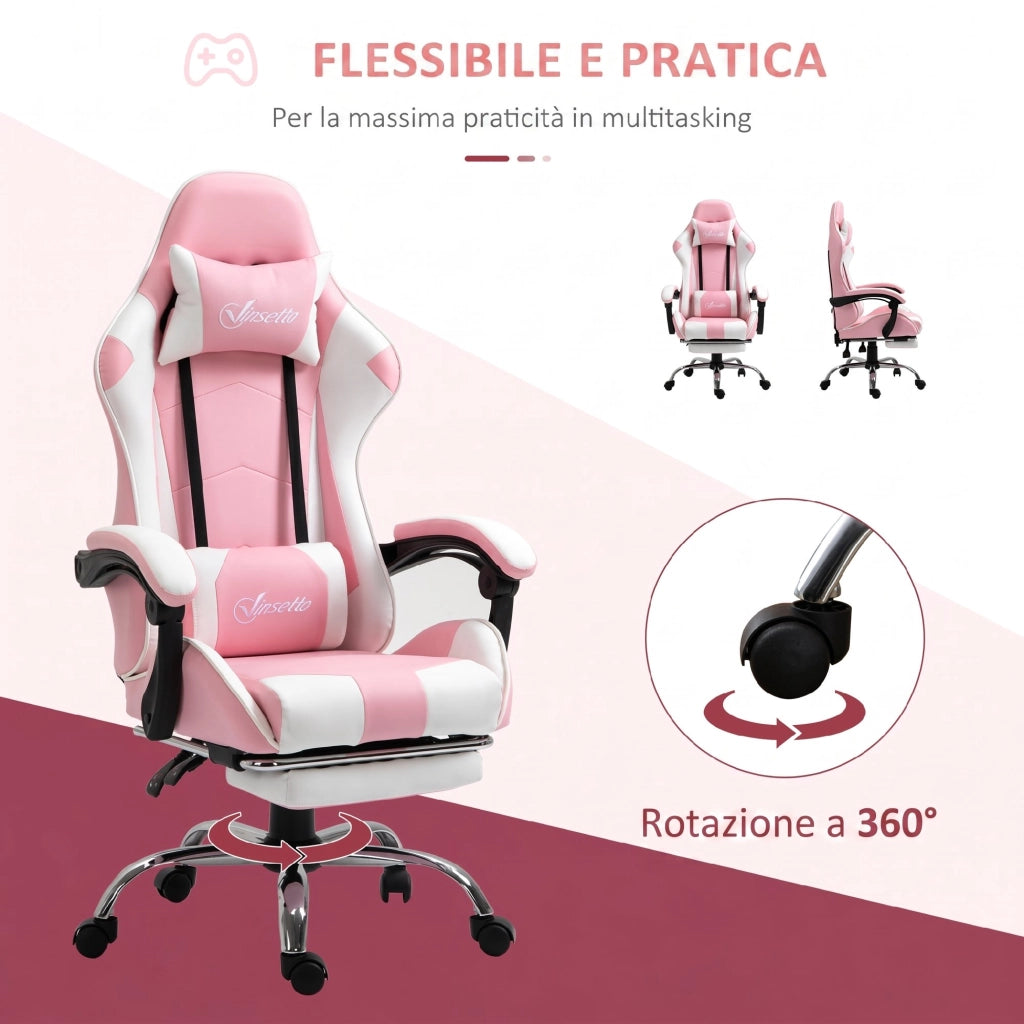 Sedia Gaming Ergonomica Reclinabile con Poggiatesta, Cuscino Lombare, Altezza Regolabile, Rosa e Bianco