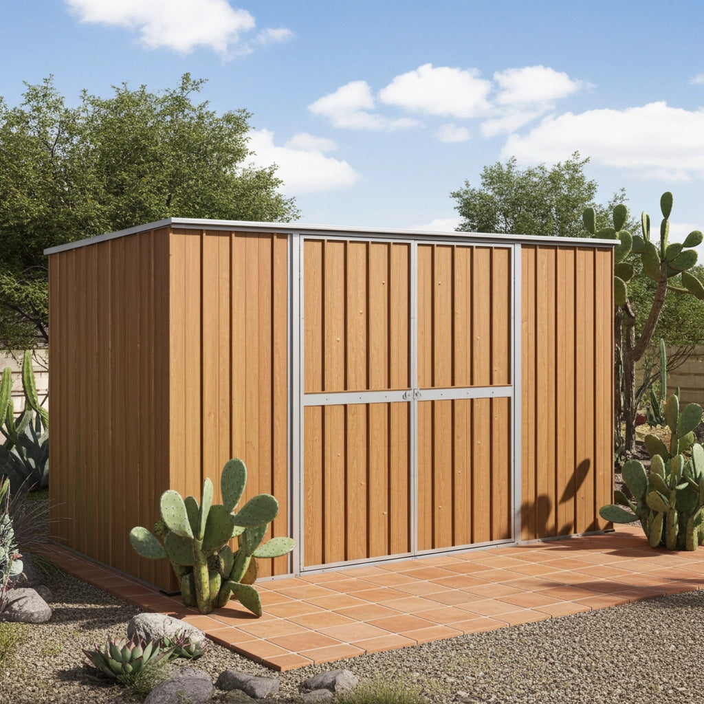 Casetta attrezzi giardino lamiera Box in Acciaio Zincato 345x186cm x h1.92m - 98KG - 6.42mq - LEGNO