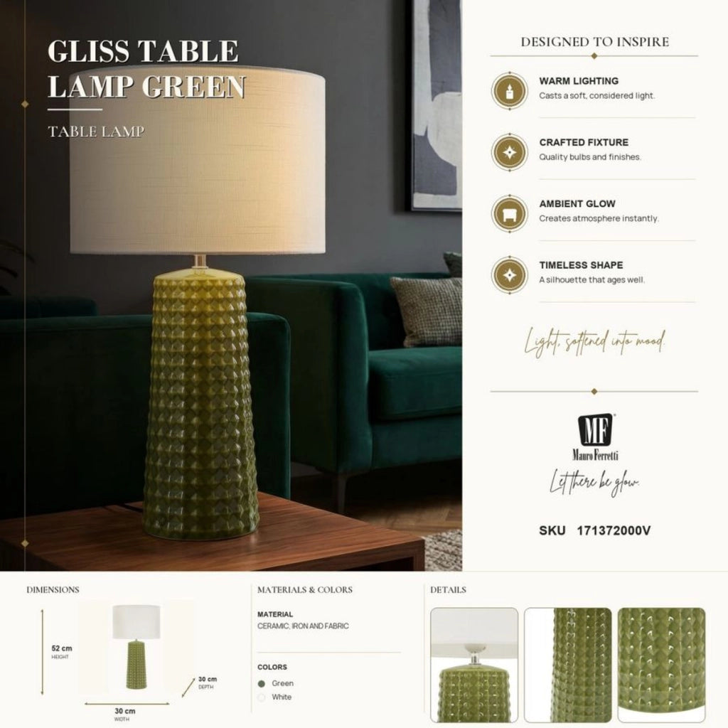 Lampada da tavolo Gliss in ceramica verde oliva e tessuto