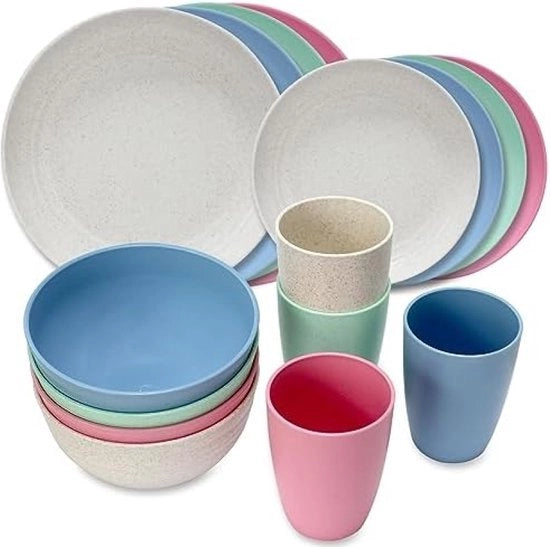 Set di servizio per campeggio 16 pezzi, set di servizio PP, servizio, per campeggio, 4 persone, piatti piatti a forma piatta, resistenti agli urti, set di piatti per campeggio, servizio per 4 persone, combi servizio