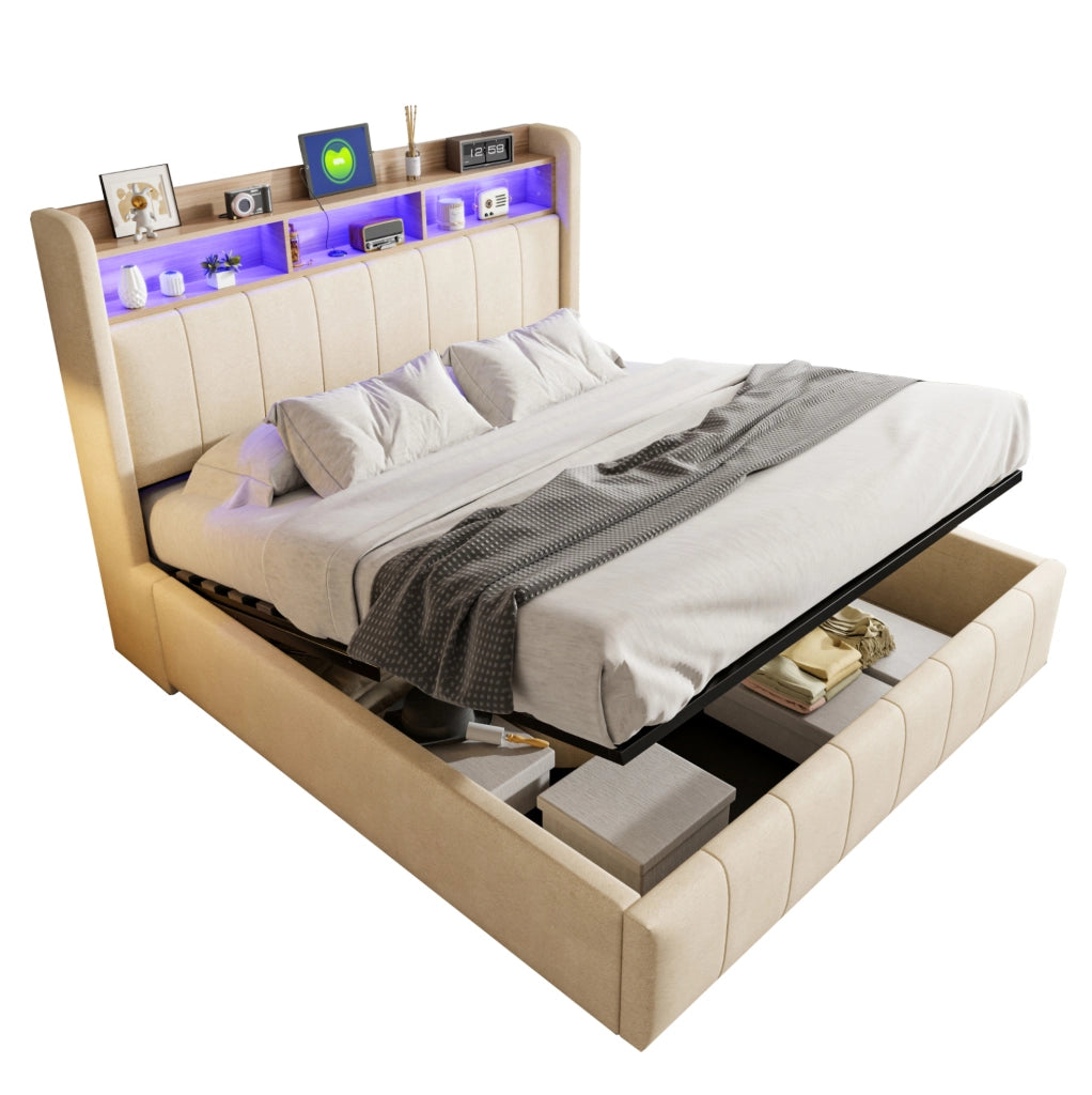 Letto matrimoniale imbottito 160x200 cm in tessuto effetto lino beige con LED; USB e contenitore