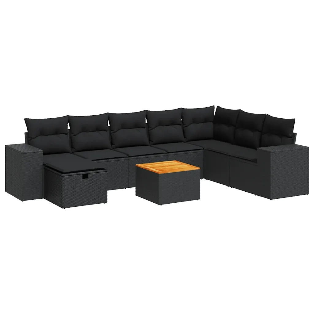 vidaXL Set Divani da Giardino 9 pz con Cuscini Nero in Polyrattan