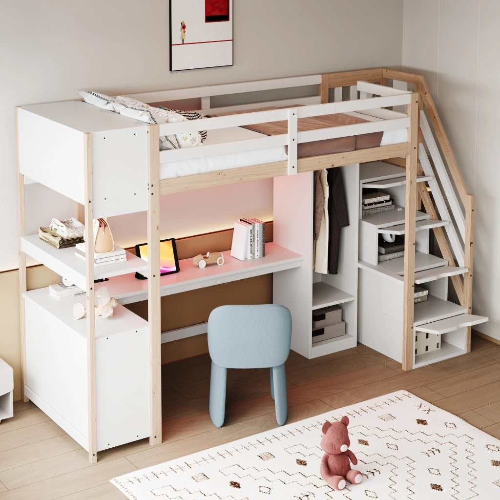 DESMIU Letto a soppalco singolo con scrivania, armadio, scala contenitore e LED, 90 × 200 cm, senza materasso