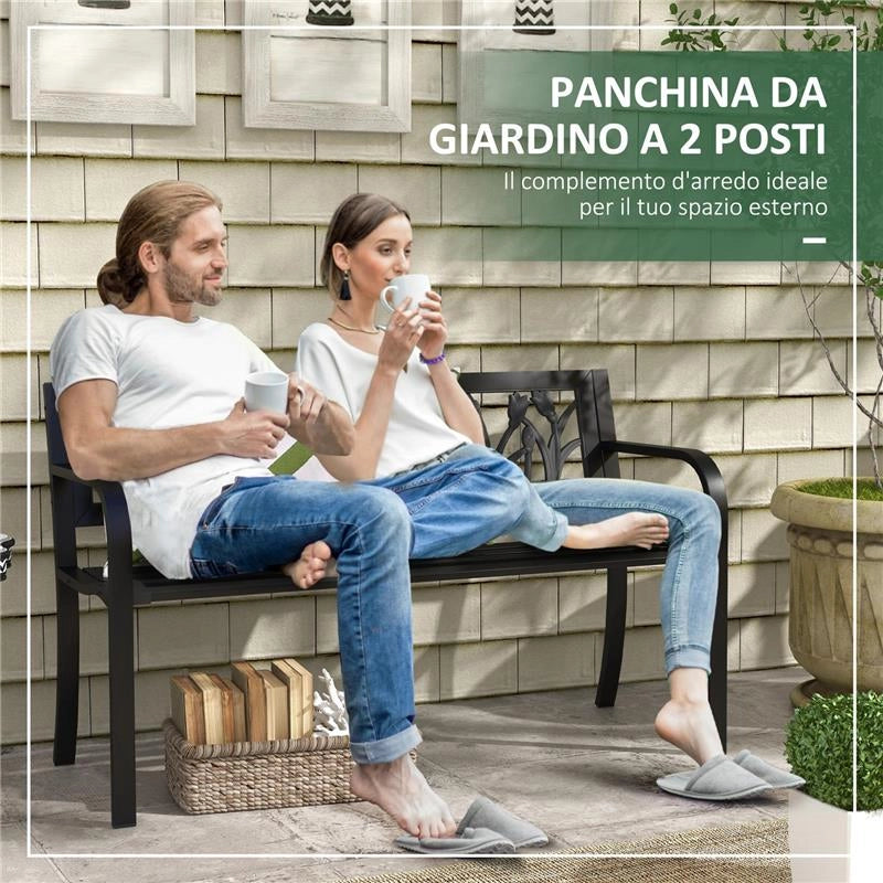 PANCHINA DA GIARDINO A 2 POSTI IN ACCIAIO CON SCHIENALE DECORATO E BRACCIOLI, 125X50X75CM, NERO