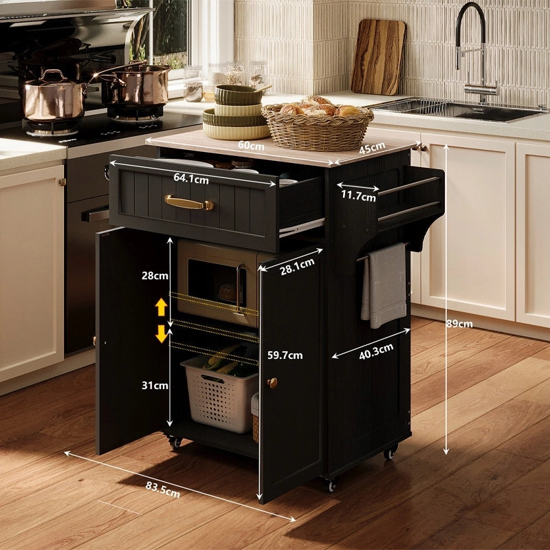 CARRELLO DA CUCINA NERO CON PIANO DI LAVORO, CASSETTO E ANTE – STILE LOFT MODERNO