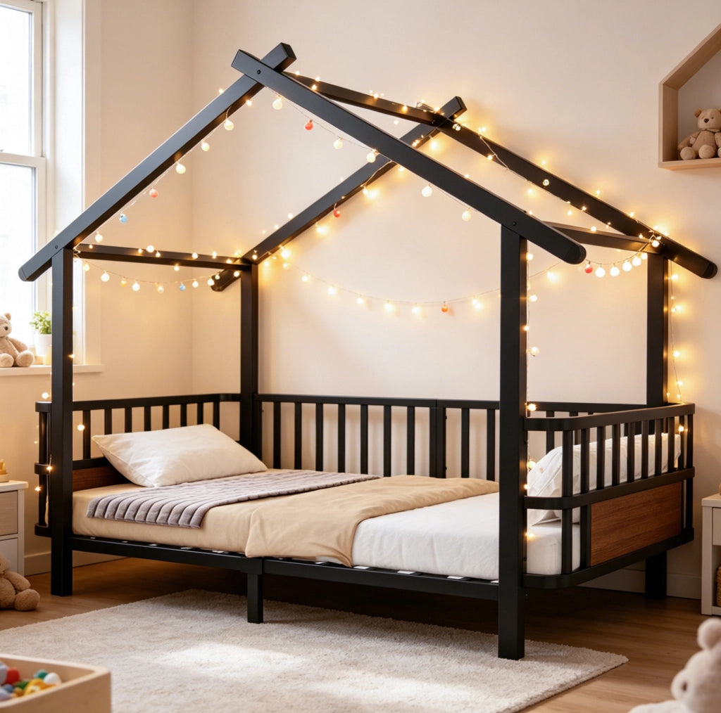 Letto per bambini a casetta 90x200 cm con sponde di sicurezza in metallo nero