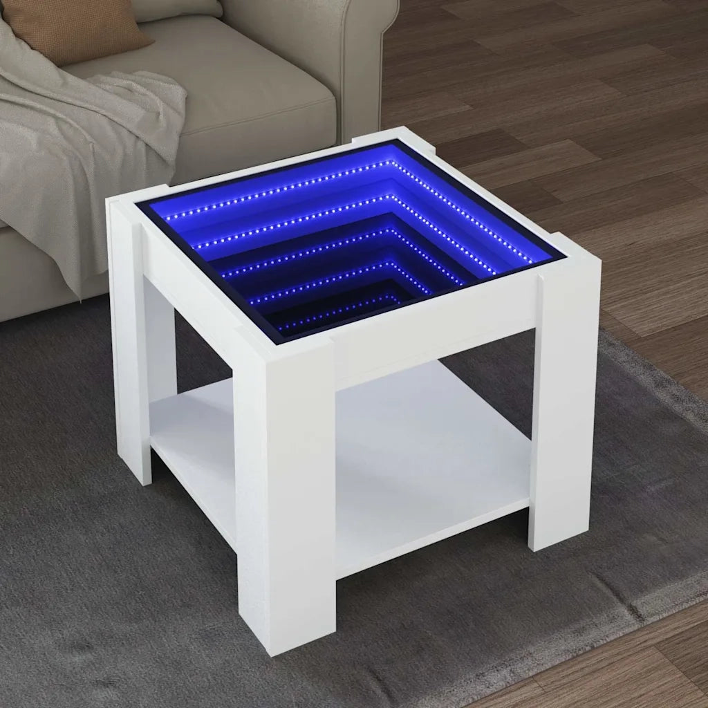 Tavolino Salotto con LED-Tavolino da soggiorno-Tavolo Bianco 53x53x45 cm Legno Multistrato