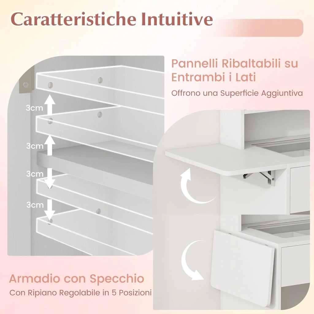 Toeletta Trucco con Luci LED, Tavolo da Trucco con Specchio e Stazione di Ricarica, Postazione Trucco con Cassetto, 2 Piani d'Appoggio a Ribalta, Bianco (Modello 3)