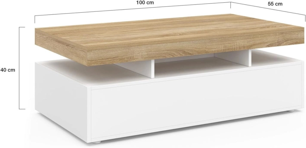 Tavolino rettangolare a 2 cassetti ELSA in legno bianco con piano in faggio