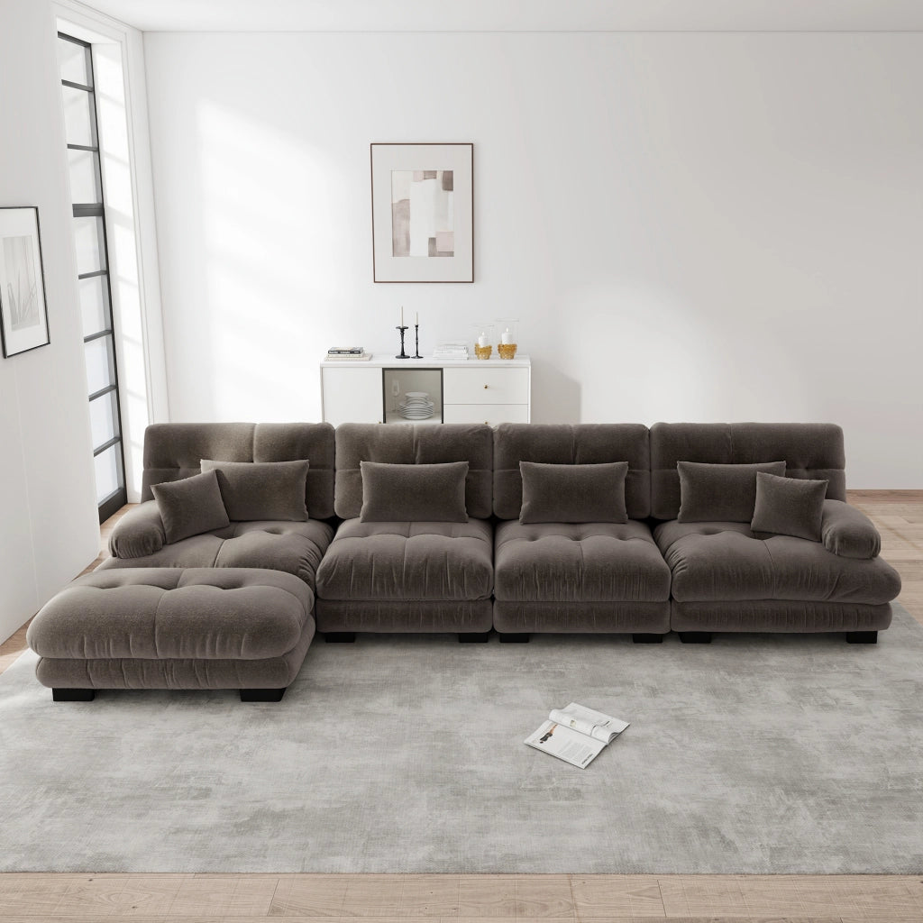 Divano angolare modulare in chenille con ottomana mobile e cuscini lombari, stile vintage marrone