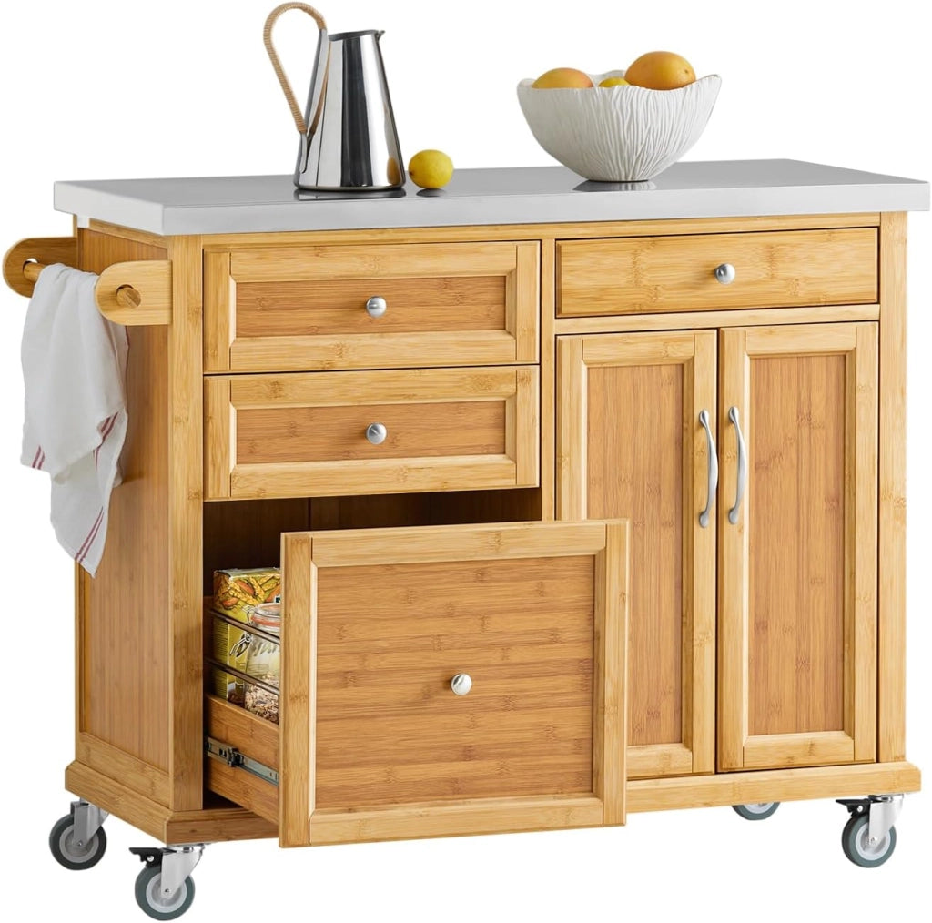 Carrello Cucina con Ruote Isola Cucina con Piano di Lavoro in Acciaio Inox, 4 Cassetti e Ripiani Regolabili Mobile Salvaspazio per Mobili da Cucina Naturale 115 x 46 x 92 cm FKW70-N