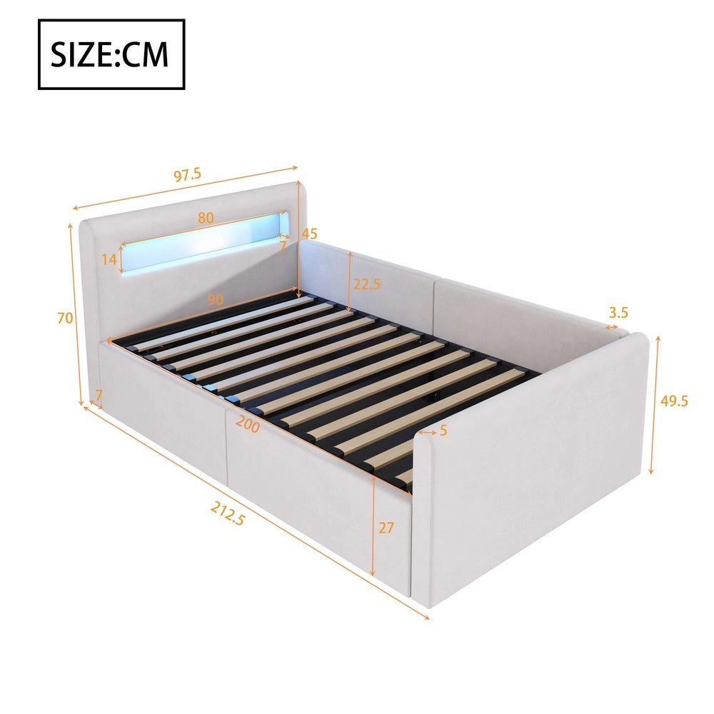 Letto Singolo Imbottito per Bambini con LED e Contenitore Idraulico ¨C MINIMAL ¨C Velluto Beige 90x200