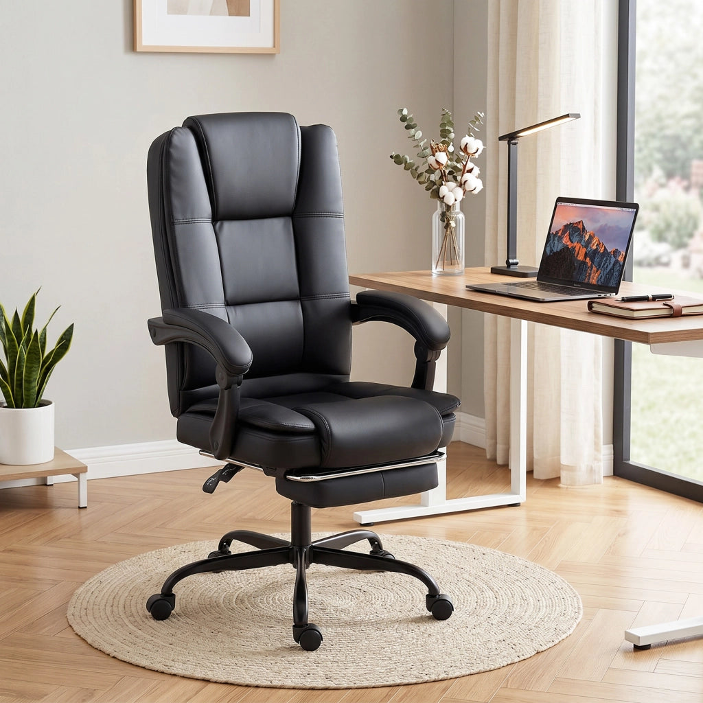 Sedia da Ufficio Ergonomica 65x67x112-122 cm Reclinabile 150° con Poggiapiedi in Cotone e Metallo Nero