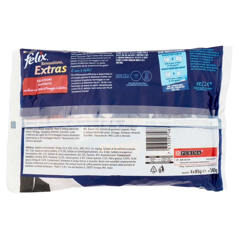 Purina felix sensations extras con manzo formaggio pollo & bacon 10 confezioni da 4 buste da 100 grammi