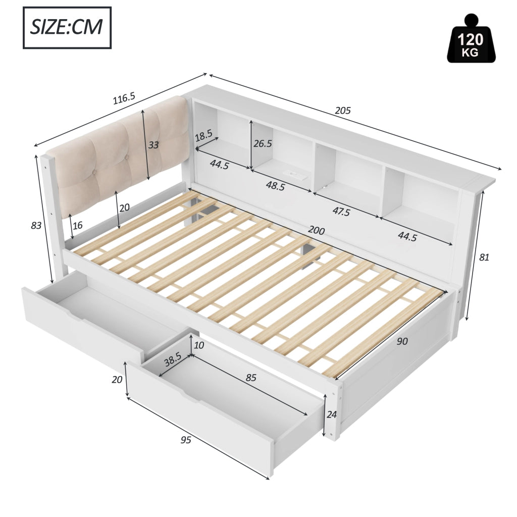 Letto singolo 90 × 200 cm con 2 cassetti, ripiani laterali, LED dimmerabile e USB, senza materasso, bianco