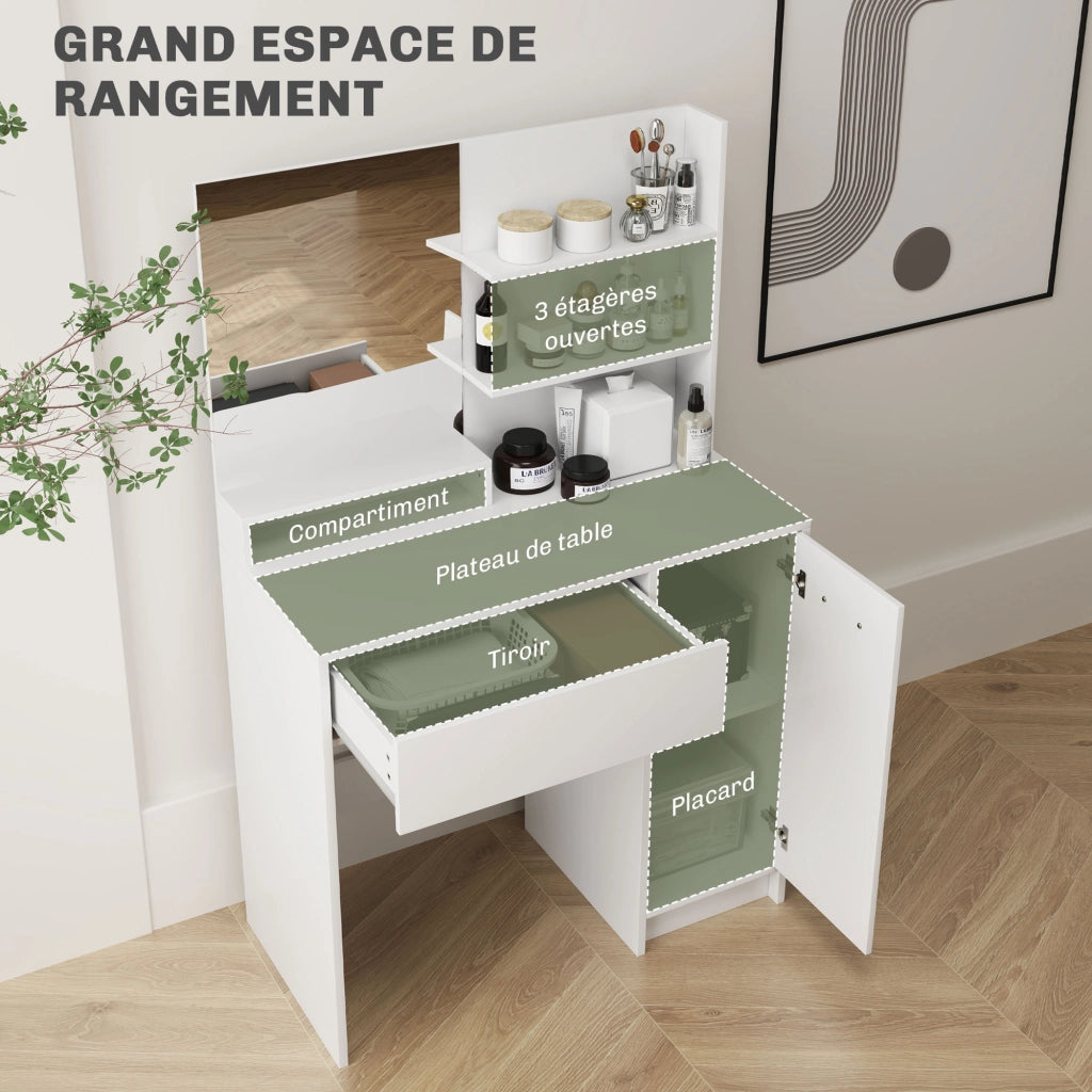 Scrivania con specchio e sgabello ¨C zephmum ¨C 80x40x132 cm, bianco