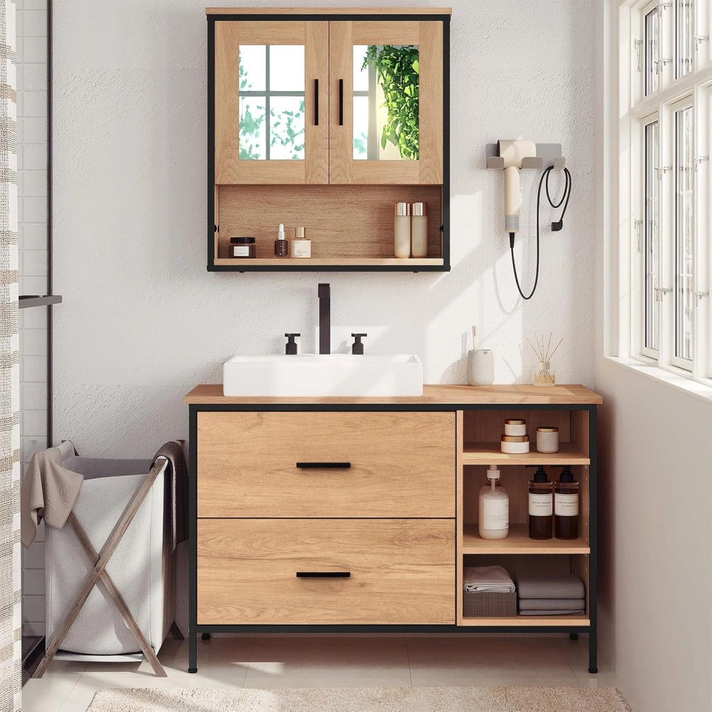 Mobiletto Bagno, Mobiletto Portaoggetti, Mobile Sottolavello da Bagno con 2 Cassetti e 3 Vani a Giorno, Struttura in Metallo, Rovere Chiaro - Nero, 90x30x60 cm