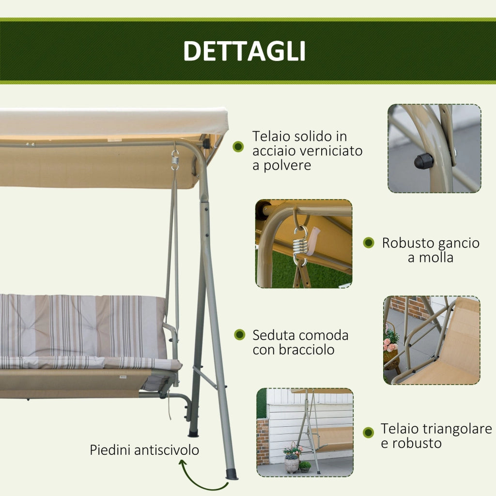 Easycomfort Dondolo da Giardino 3 Posti in Acciaio con Tetto Regolabile, Cuscini e Braccioli, 172x110x156cm