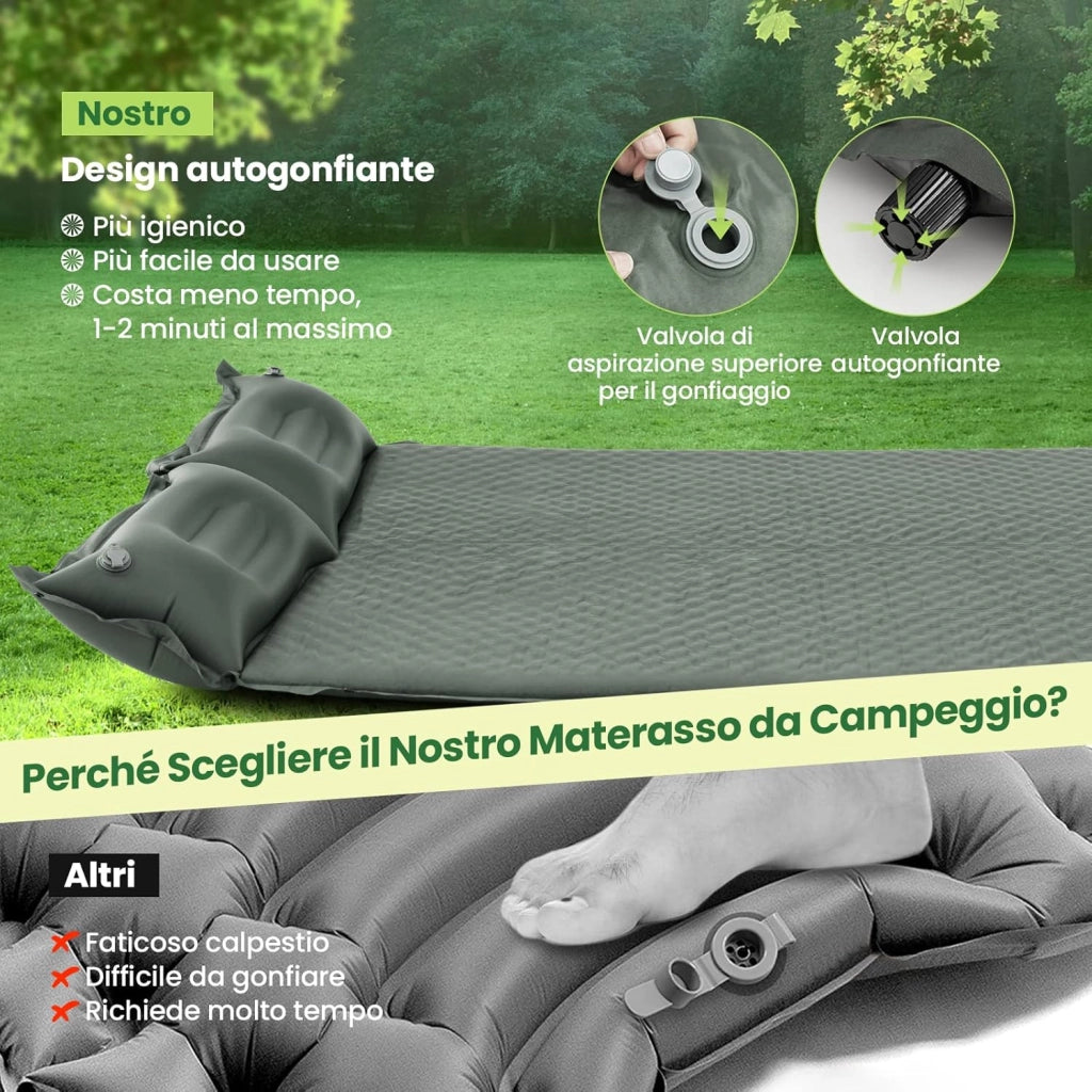 Materassino Campeggio Autogonfiabile per 2 Persone, Materassino da Campeggio Doppio con Cuscino, Veloce da Gonfiare e Sgonfiare, Impermeabile, per Spiaggia, Montagna e Campeggio (Verde Scuro)