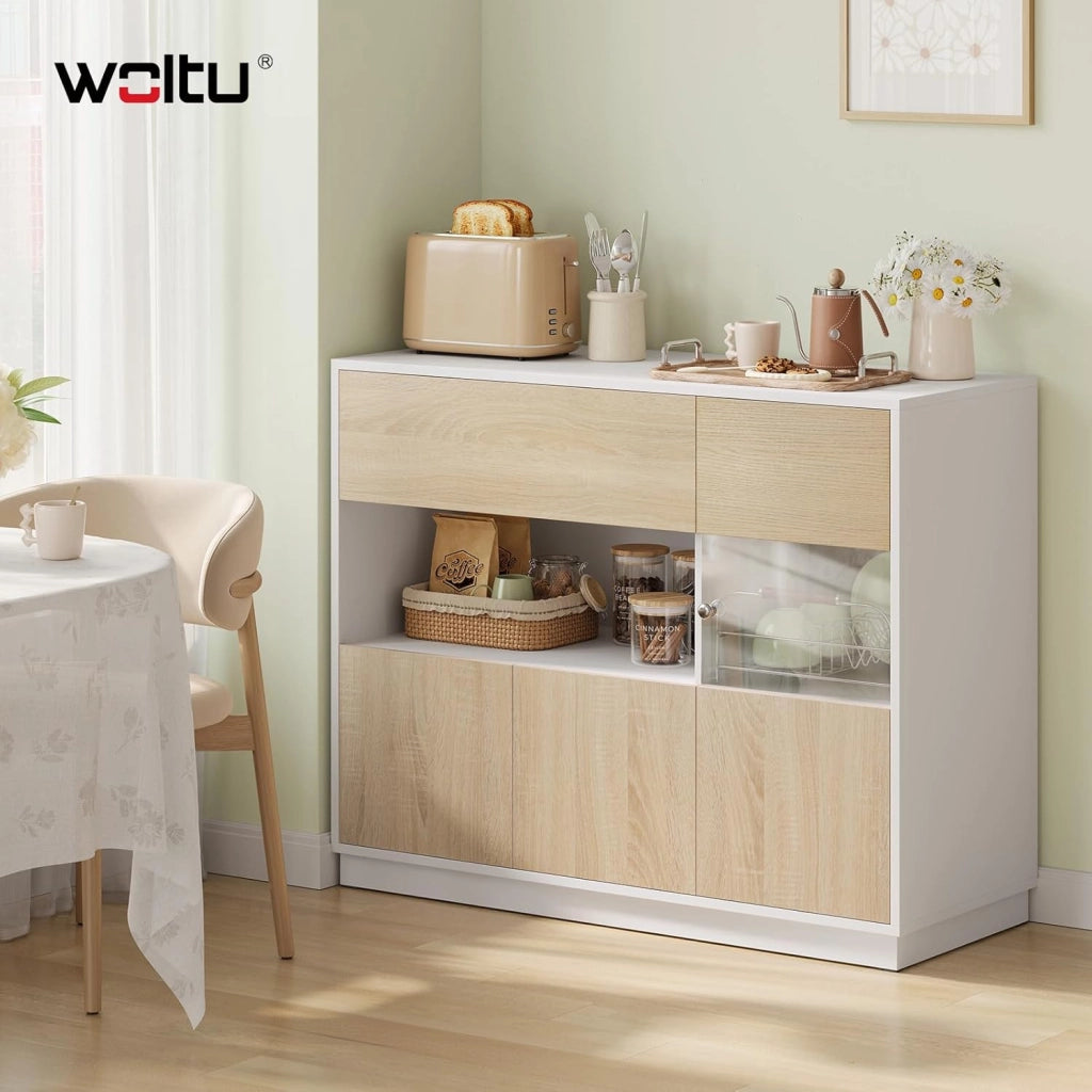 Credenza Cucina con Cassetto e Scomparti Aperto e Chiusi, Mobile Buffet con 1 Anta Trasparente, per Soggiorno, Cucina, in Legno, 100x40x80 cm, Rovere Chiaro+Bianco