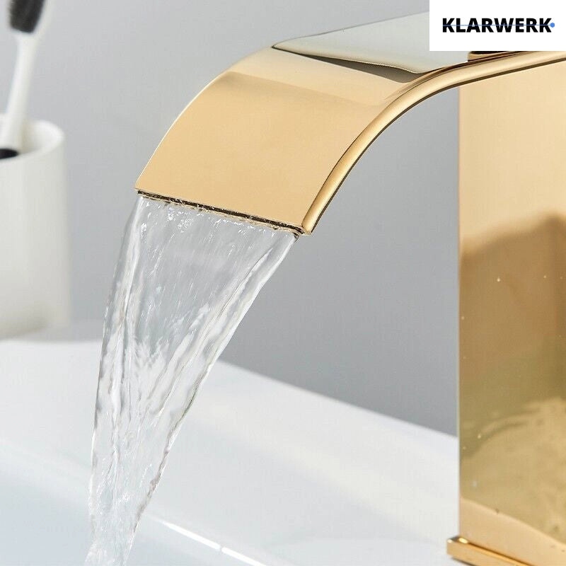 ROSA | Rubinetto da bagno a cascata Premium oro lucido  per lavabo in acciaio inox per catering | Miscelatore lavabo quadrato con rubinetto di design