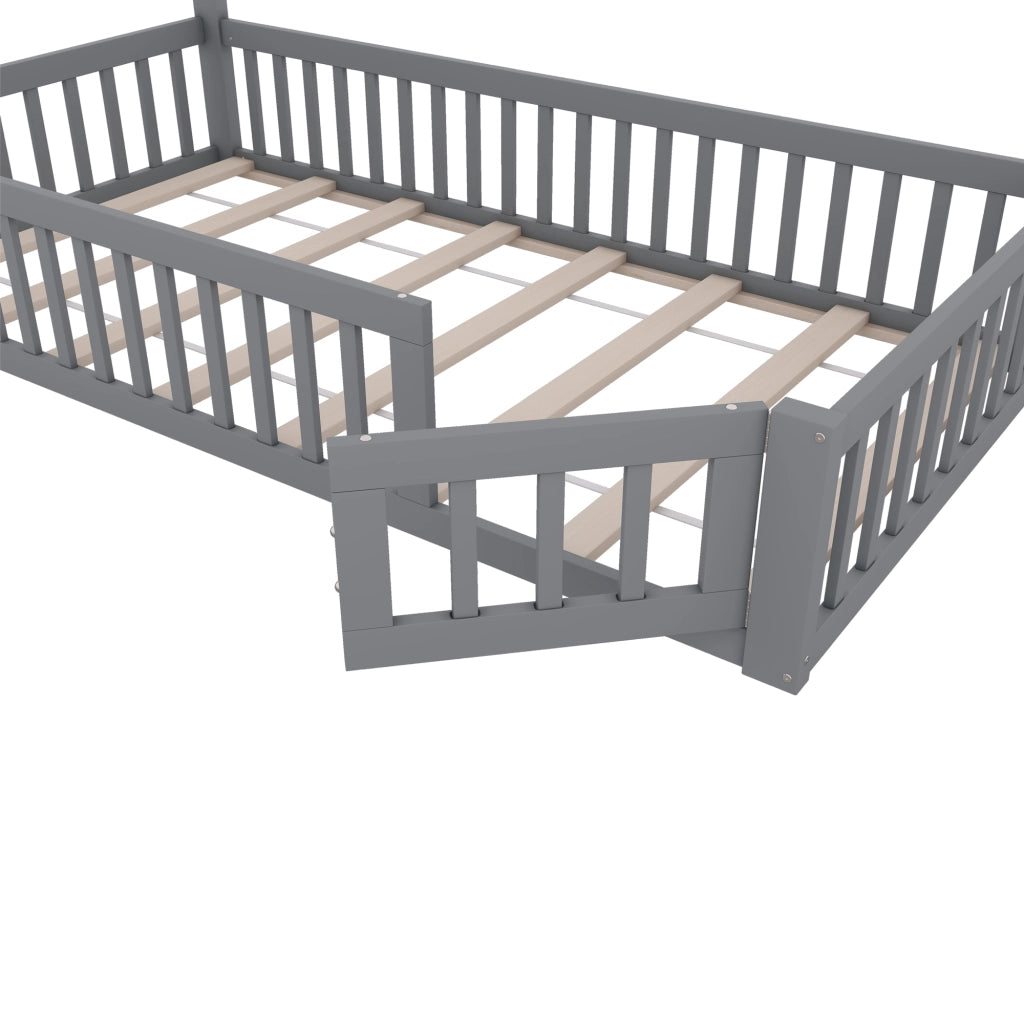 OKWISH Letto a Casetta 90×200 cm, Letto Singolo con Spondine di Sicurezza e Design a Camino, senza Materasso, in Pino e MDF, Grigio