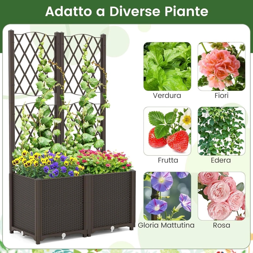 Letto da Giardino Elevato con Trellis a Lattice, Fioriera Autoinnaffiata per Piante Rampicanti, Fiori e Verdure, Fioriera Verticale da Interni e Esterni (Marrone,80 x 40 x 140 cm)