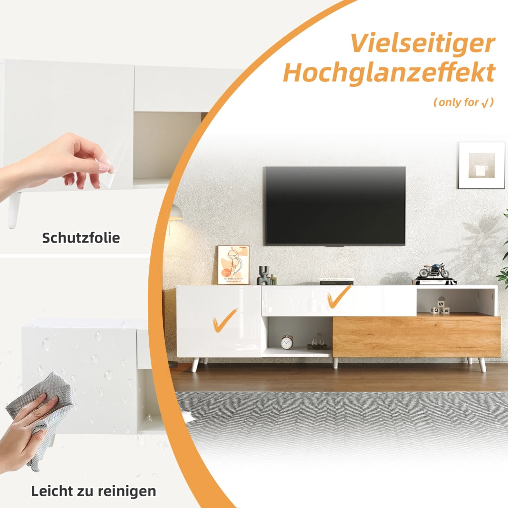 Cassettiera per TV bianca e naturale in truciolato lunghezza 180 cm