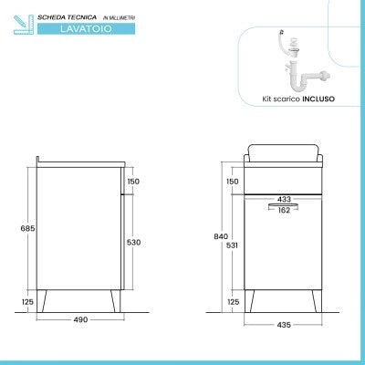 Mobile lavatoio 45x50 cm grigio calce vasca in resina e kit di scarico Moon