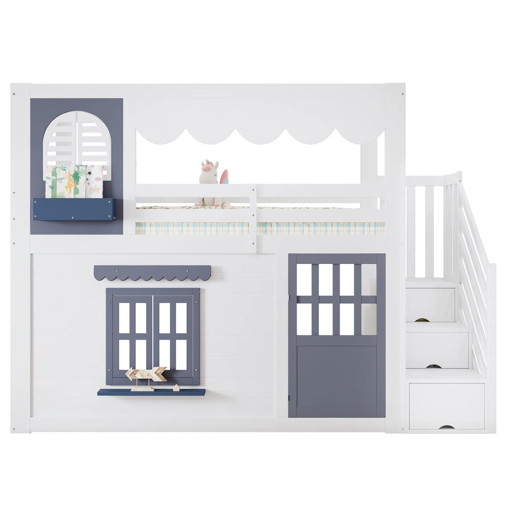 Letto a soppalco per bambini 90×200 cm 1 posto con scala contenitore e porta apribile; senza materasso; bianco e blu