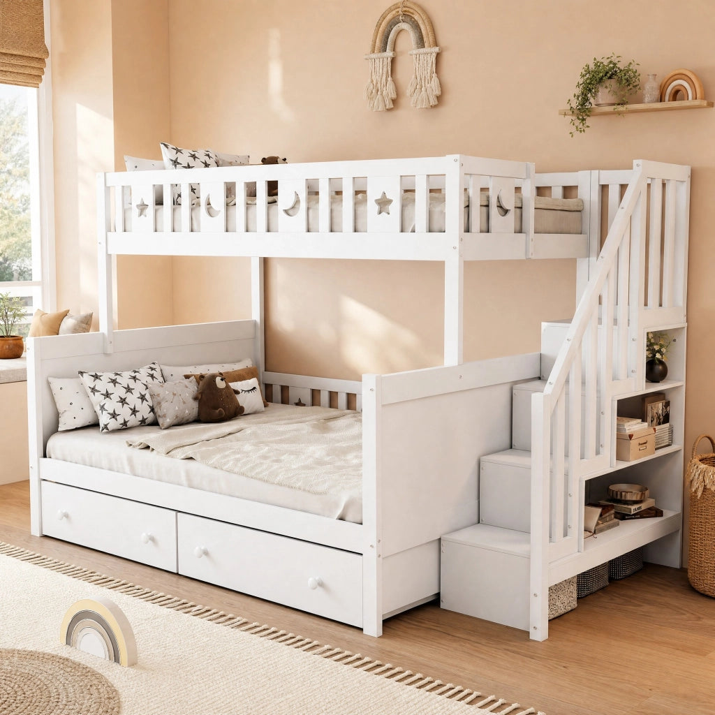 Letto a castello per bambini 90x200 e 140x200 cm con scala contenitore, bianco