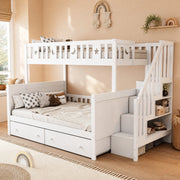 Letto a castello per bambini 90x200 e 140x200 cm con scala contenitore, bianco