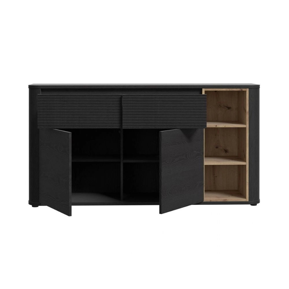 Madia Origin Core 2 ante 2 cassetti con vani a giorno 160 cm nero e dettaglio rovere