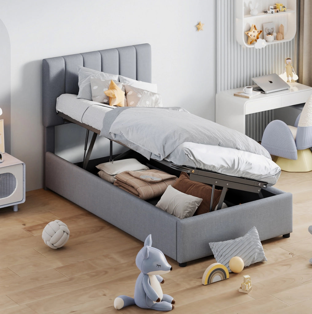 Letto contenitore 90x200 cm grigio in MDF, metallo e lino, senza materasso