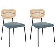 Set di 2 sedie da pranzo Rivestimento in poliestere blu Schienale in rattan naturale a treccia viennese Gambe in metallo nero Sgabelli senza braccioli