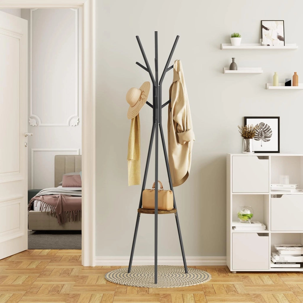 Attaccapanni, Appendiabiti ad Albero in Metallo e MDF, Portabiti da Ingresso con 9 Ganci e 1 Ripiano per Vestiti, Cappelli, Borse, Nero + Legno Vintage