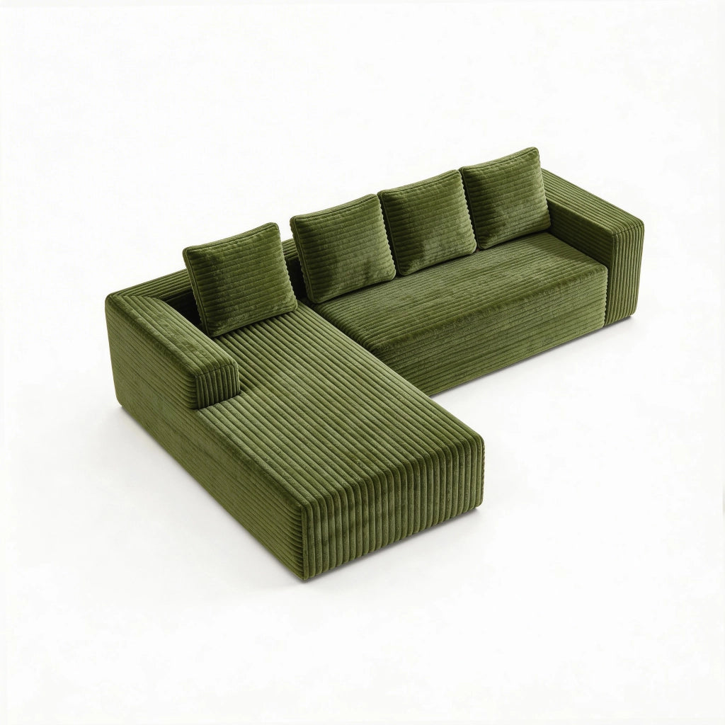 Divano modulare con chaise longue e seduta profonda; in velluto a coste verde 261×168×58 cm