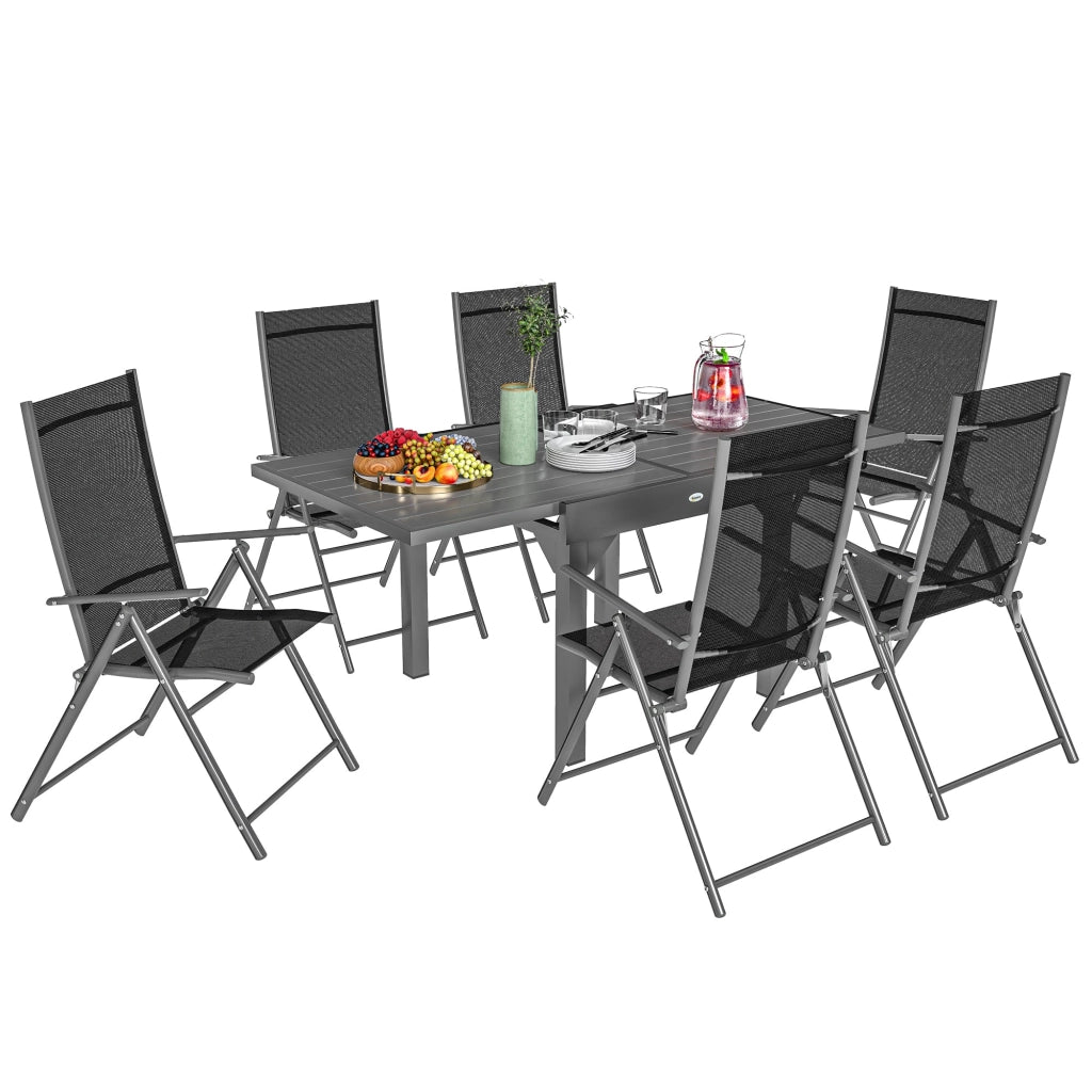 Set da Giardino con Tavolo da Pranzo Allungabile e 6 Sedie Pieghevoli in Acciaio Alluminio e Rete Grigio e Nero