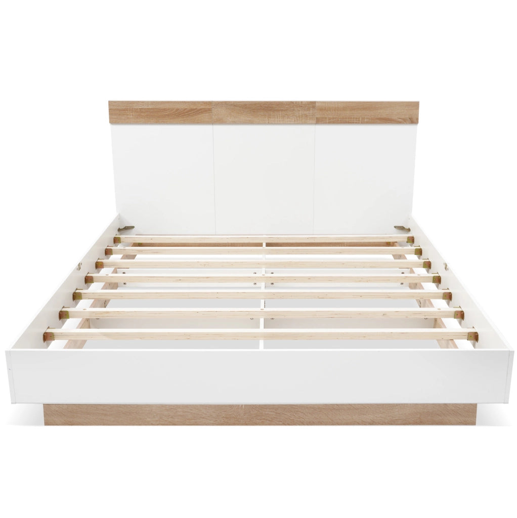 Letto matrimoniale 160x200 cm con testiera e rete a doghe; legno bianco e rovere Sonoma