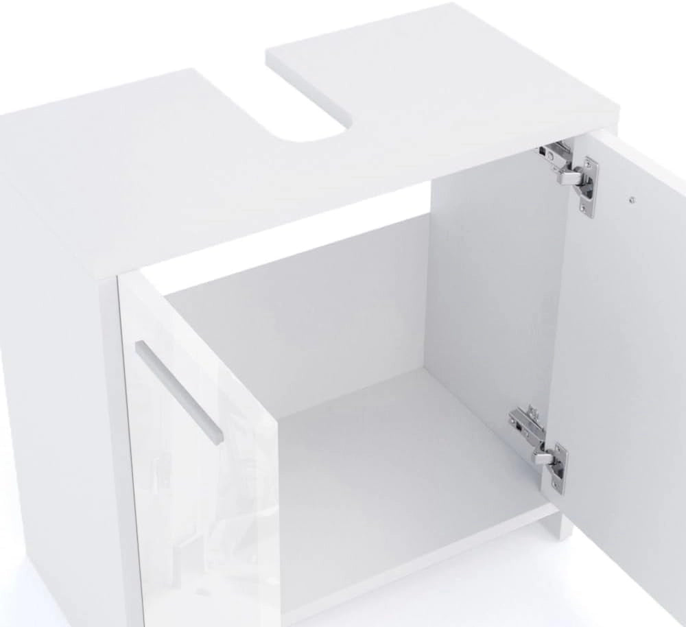 Mobile sottolavabo per bagno Kiko, Bianco lucido/bianco, 58 x 60 cm, con ritaglio per sifone e spazio di stoccaggio per l’organizzazione del bagno