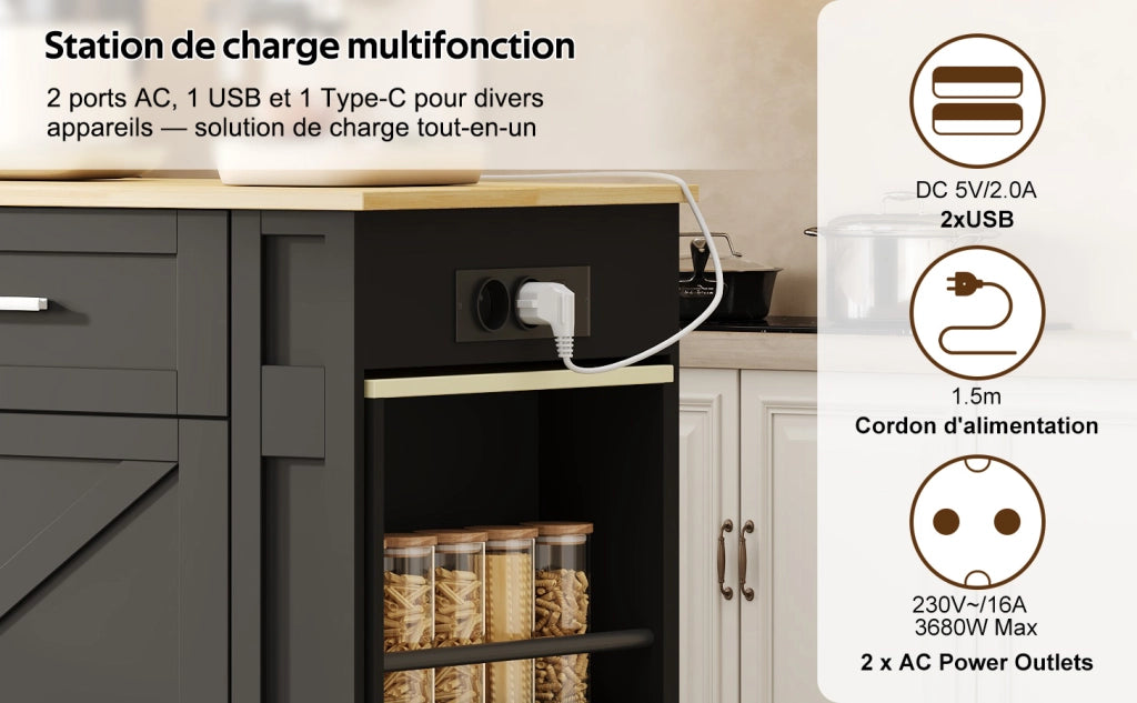 Isola da cucina mobile con piano estraibile, prese integrate, 2 cassetti, armadio a doppia anta e ruote con freno