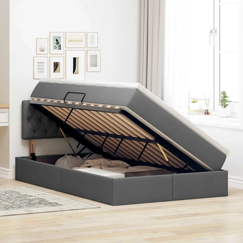 Letto con contenitore e LED Grigio scuro 120 x 200 cm Tessuto