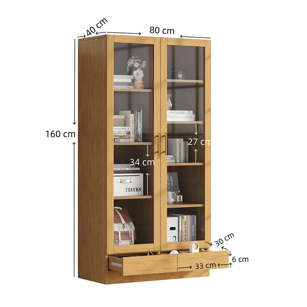 Vetrina libreria 80x40x160 cm - Xylo - ripiani sfalsati, cassetti a pressione, colore legno naturale