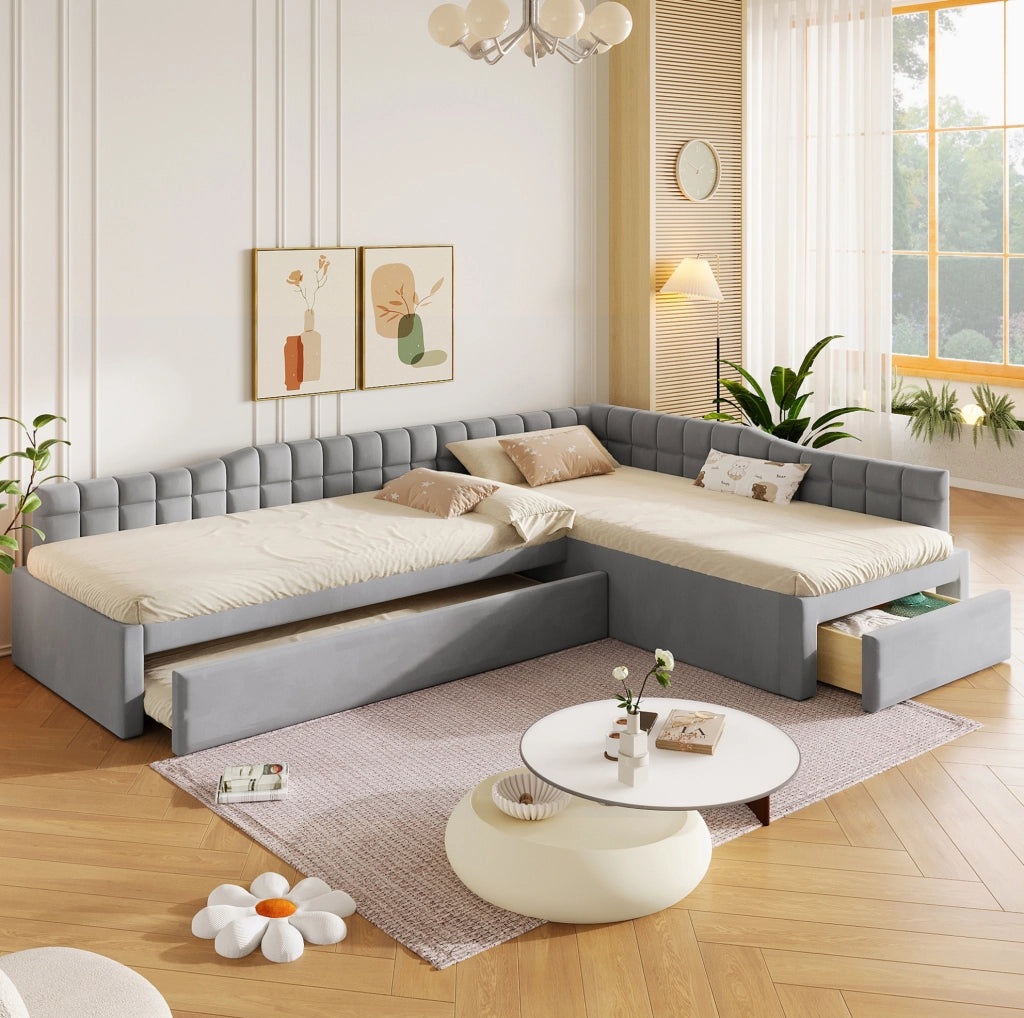 Letto a L 90x200 cm con letto estraibile e cassetti in MDF grigio