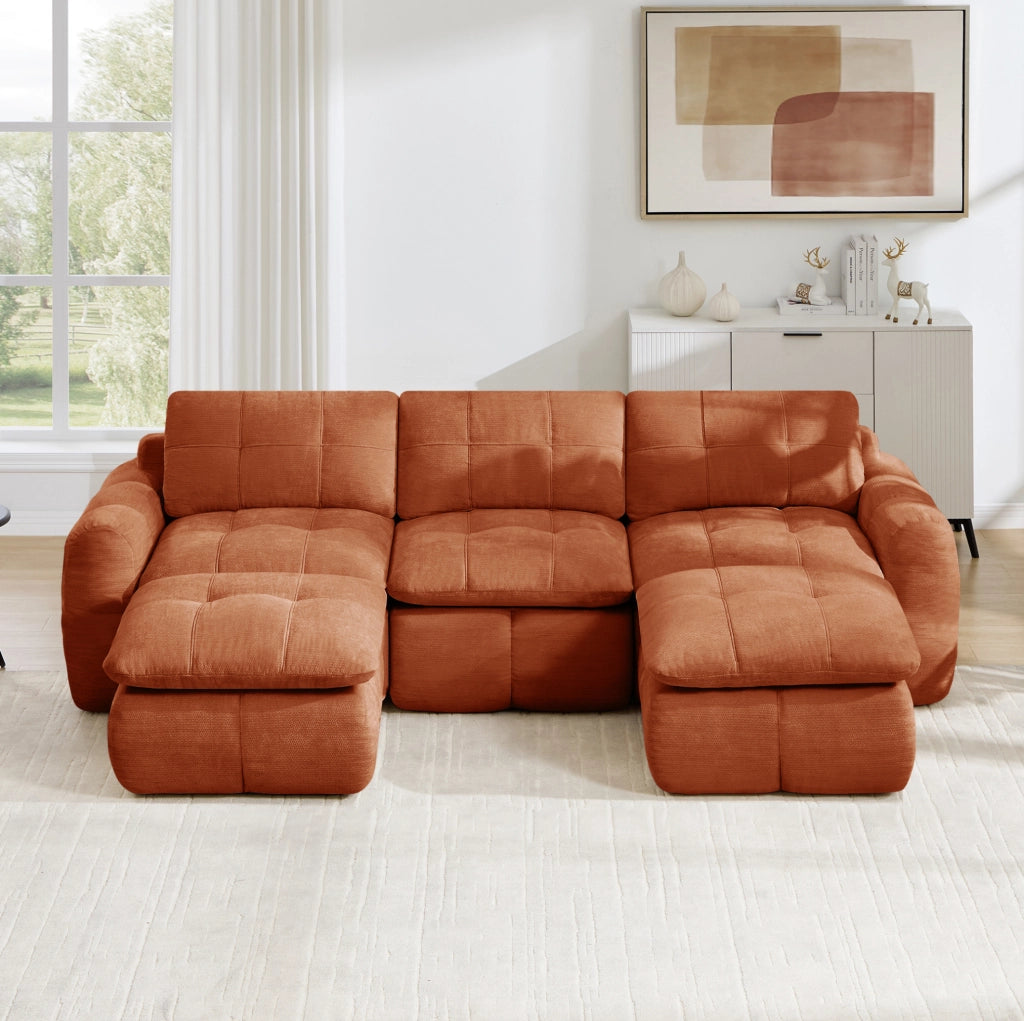 Divano modulare a U 3 posti con 2 pouf 264x160x68 cm in chenille arancione