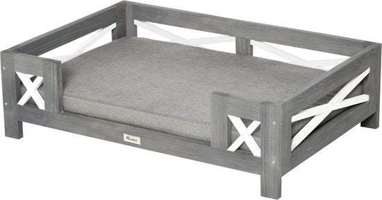 Banco per animali, cuscino per cani, divano per gatti, letto per cani, con cuscino, interno, bancone moderno per cani piccoli e medi, rivestimento morbido, copertura lavabile, legno di abete, grigio, 80 x 55 x 23 cm