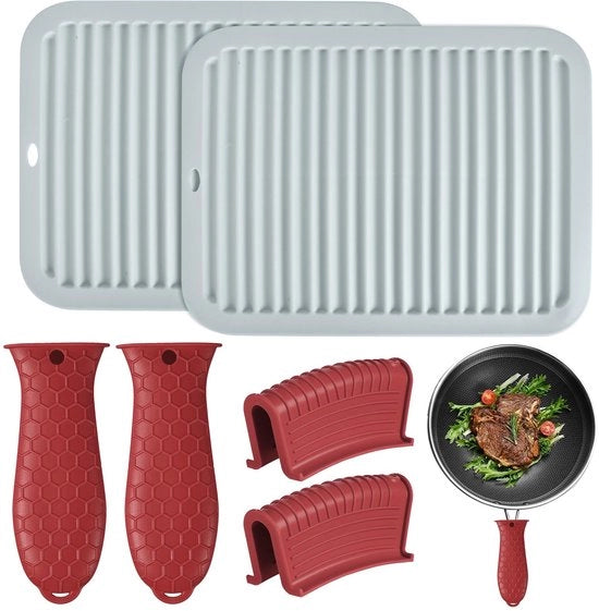 Set da Cucina 6 pezzi - 2 Supporto Antiscivolo Maniglia - 2 Asciugamani da Piatto - 2 Manubri di Aiuto - Silicone - Resistente alla Lavastoviglie - Accessori da Cucina