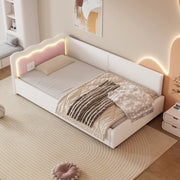 OKWISH Letto a Daybed 90×200 cm, Letto Singolo con LED Regolabile, Testiera Colour-Blocking, senza Materasso, in Velluto, Bianco